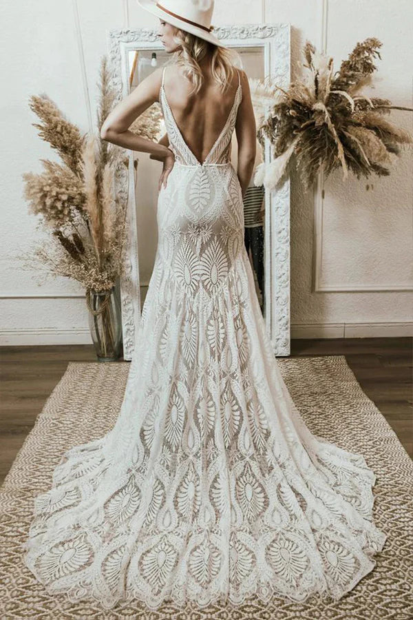 Mermaid V Neck Lace Bohemian Long Wedding Dress Bridal Gown